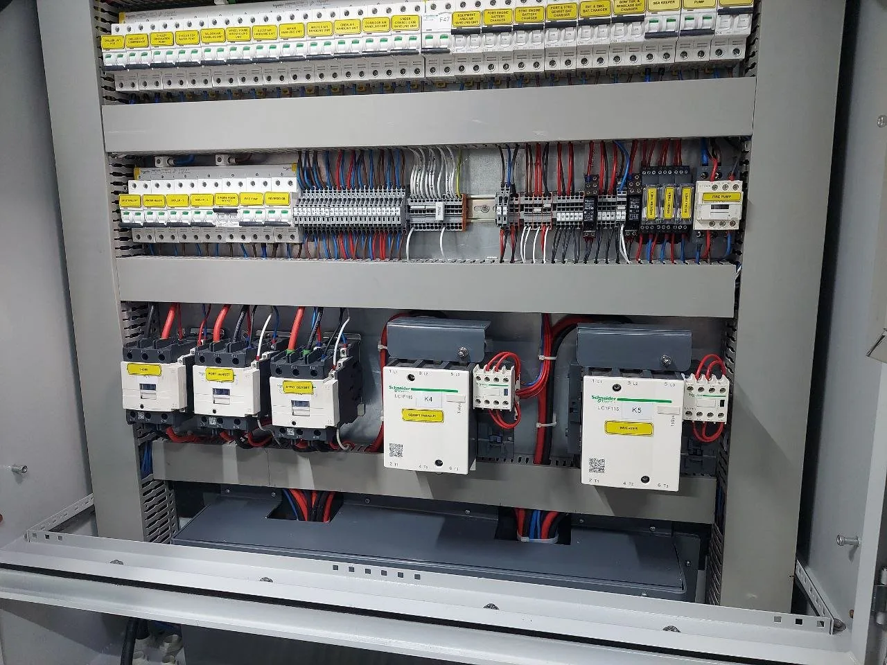 Electrical panel with circuit breakers, contactors and wiring