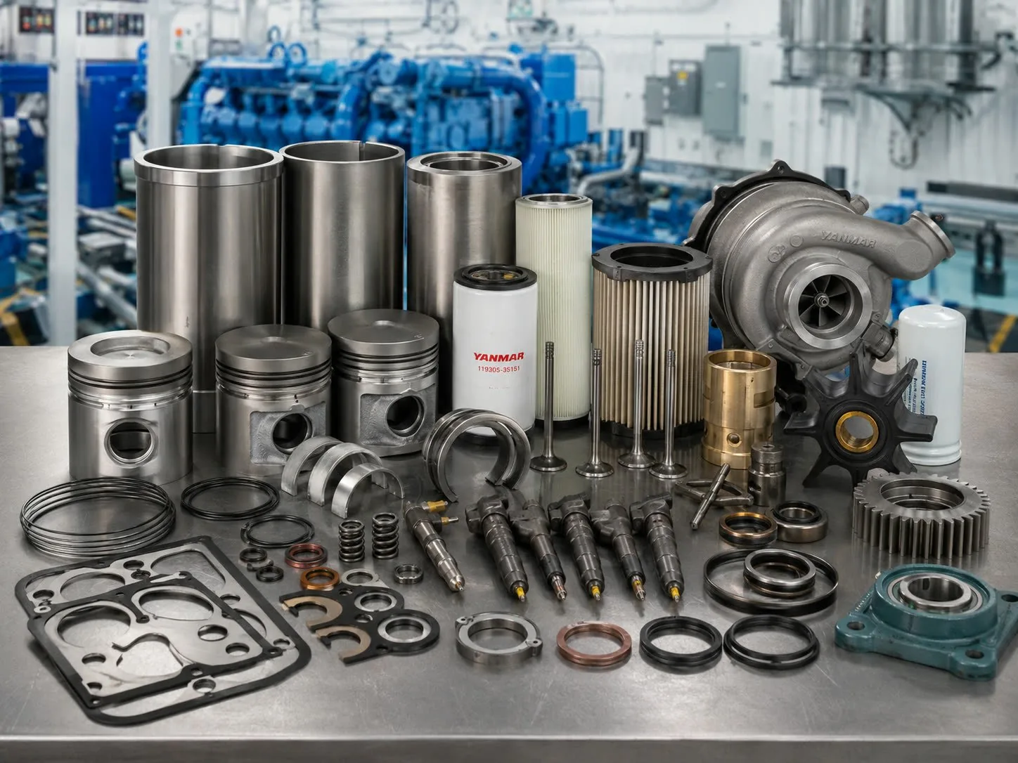 Engine spare parts: pistons, liners, filters, gaskets and a turbocharger