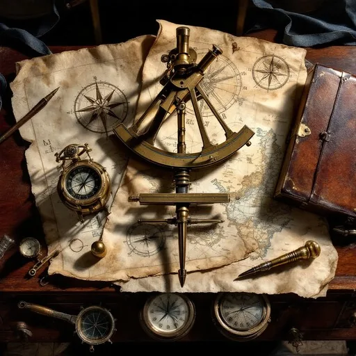 Nautical chart with a sextant, compass and navigation instruments