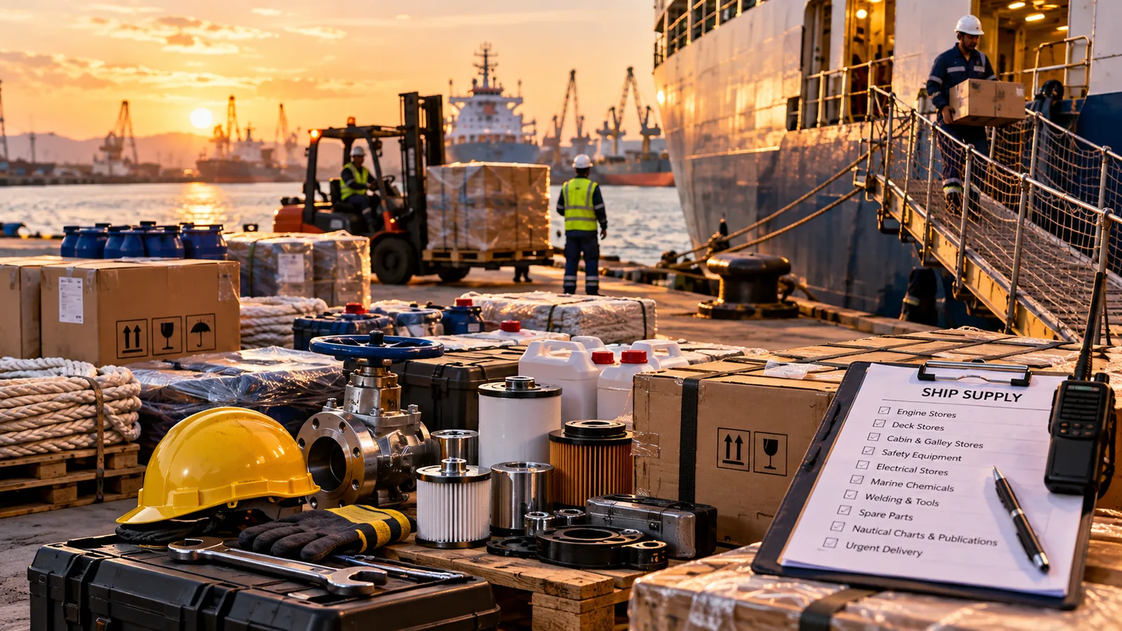 Ship supplies, PPE and a requisition checklist ready on the quay beside a vessel