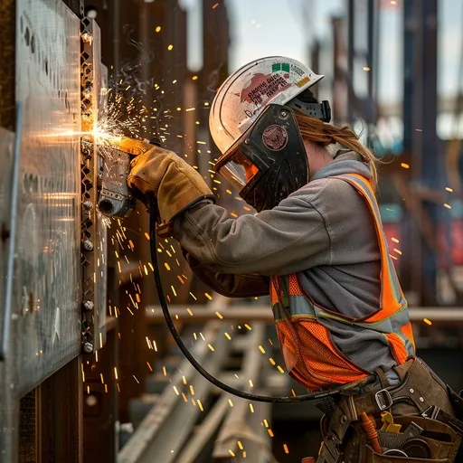 Welder in protective gear cutting steel with sparks flying
